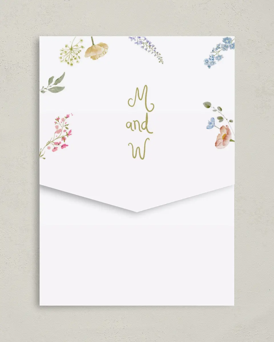 This is a 5¼" x 7¼" Folded Pocket Wedding Invitation called Whimsical Garden printed in full color on Premium Smooth paper