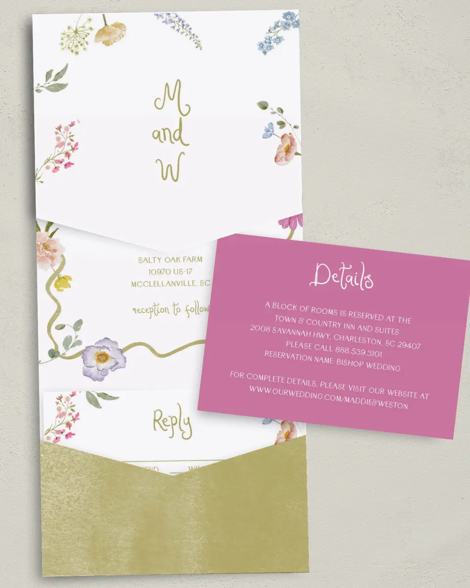 This is a 5¼" x 7¼" Folded Pocket Wedding Invitation called Whimsical Garden printed in full color with Gold foil on Luxe Satin (coated) paper