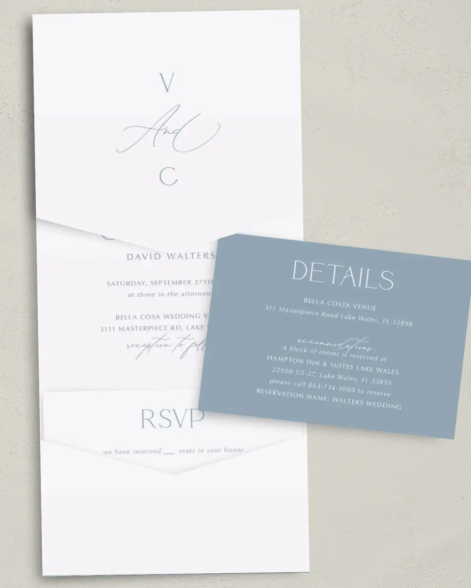 This is a 5¼" x 7¼" Folded Pocket Wedding Invitation called The Victoria printed in full color with Gold foil on Luxe Satin (coated) paper