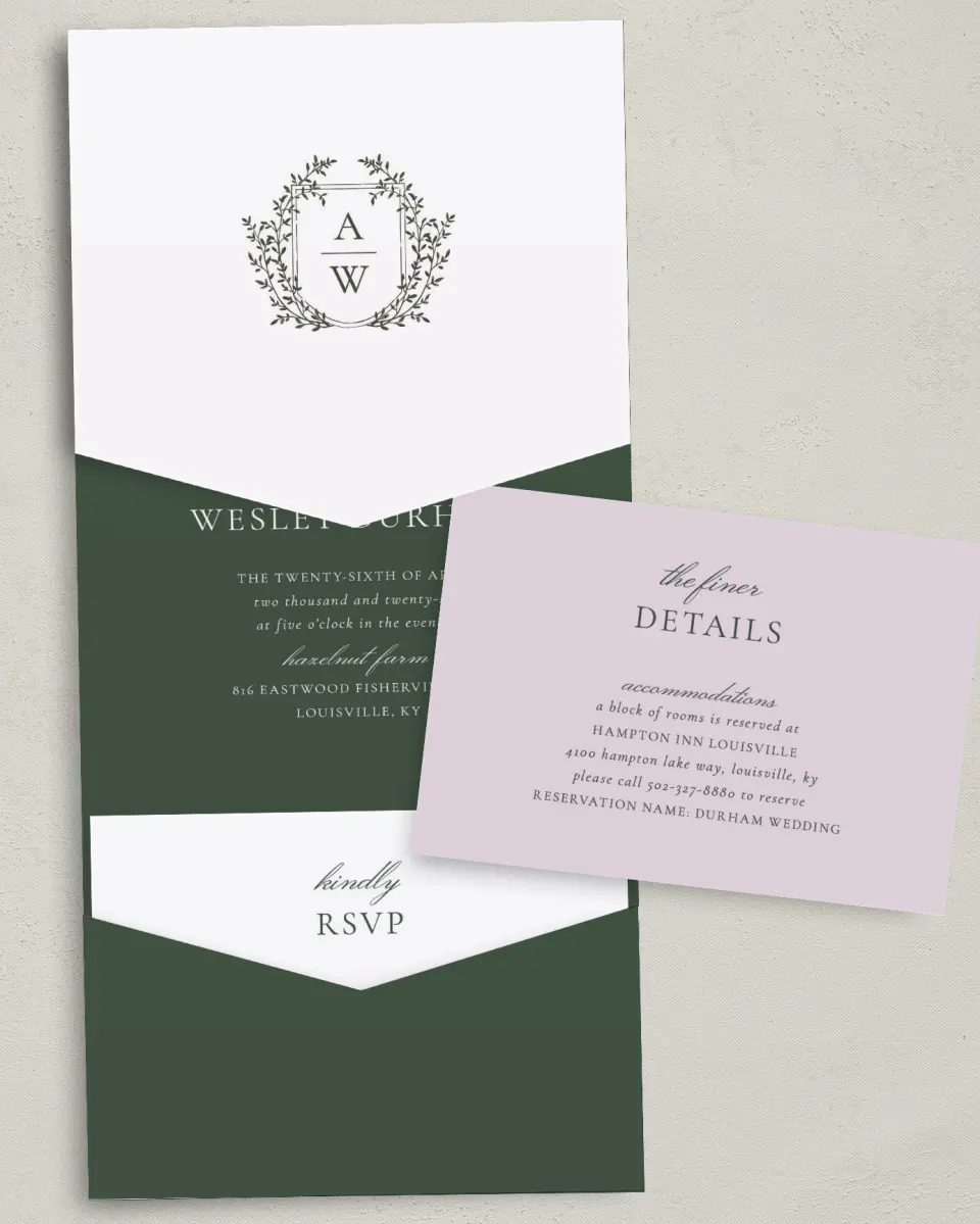 This is a 5¼" x 7¼" Folded Pocket Wedding Invitation called The Adaline printed in full color with Gold foil on Luxe Satin (coated) paper
