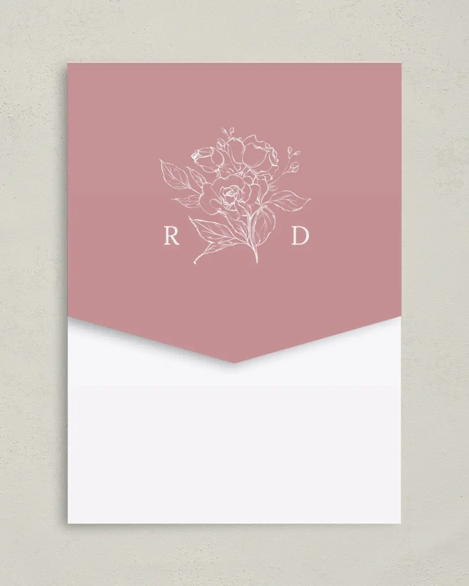This is a 5¼" x 7¼" Folded Pocket Wedding Invitation called Blushing Rose printed in full color on Premium Smooth paper
