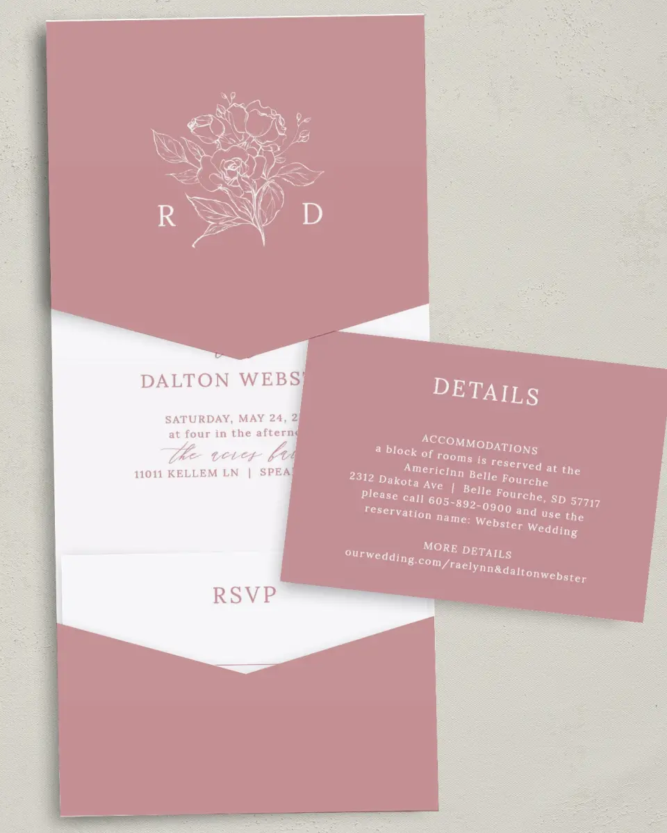 This is a 5¼" x 7¼" Folded Pocket Wedding Invitation called Blushing Rose printed in full color with Gold foil on Luxe Satin (coated) paper