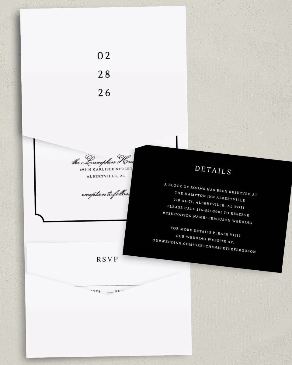This is a 5¼" x 7¼" Folded Pocket Wedding Invitation called Elegant Tradition printed in full color with Gold foil on Luxe Satin (coated) paper
