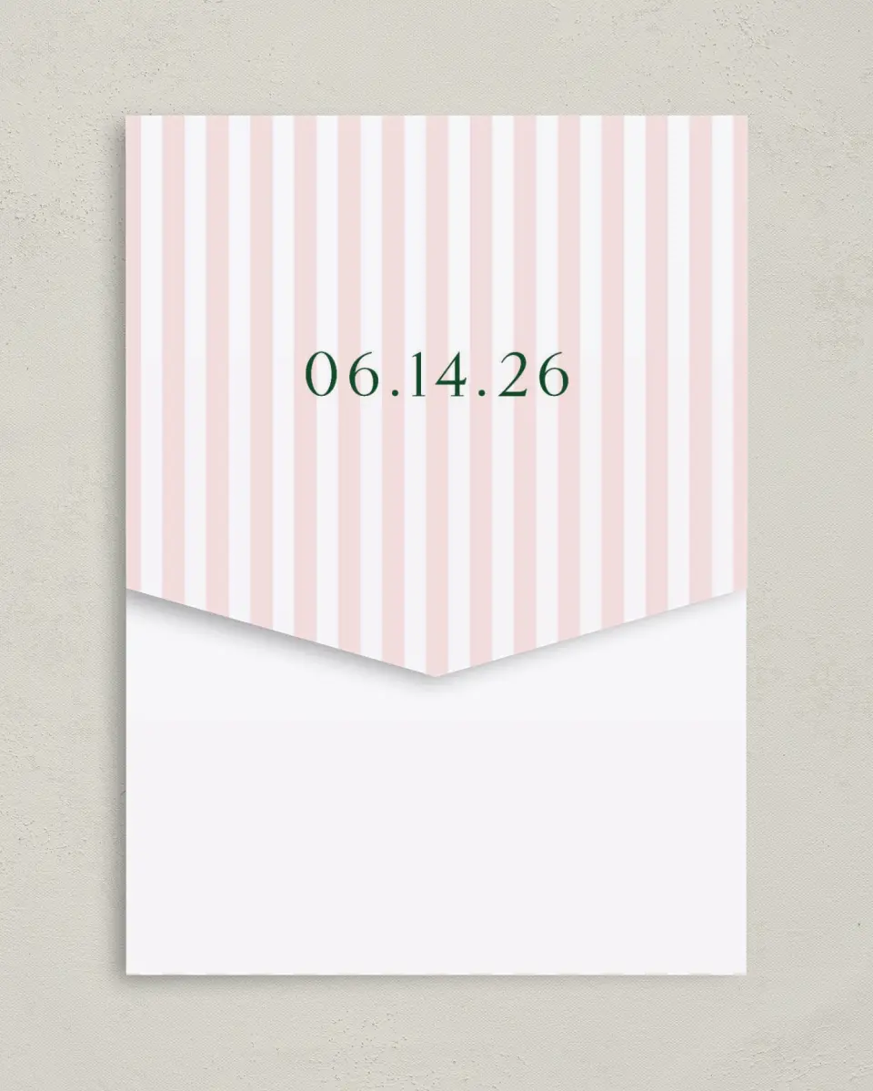 This is a 5¼" x 7¼" Folded Pocket Wedding Invitation called A Perfect Match printed in full color on Premium Smooth paper