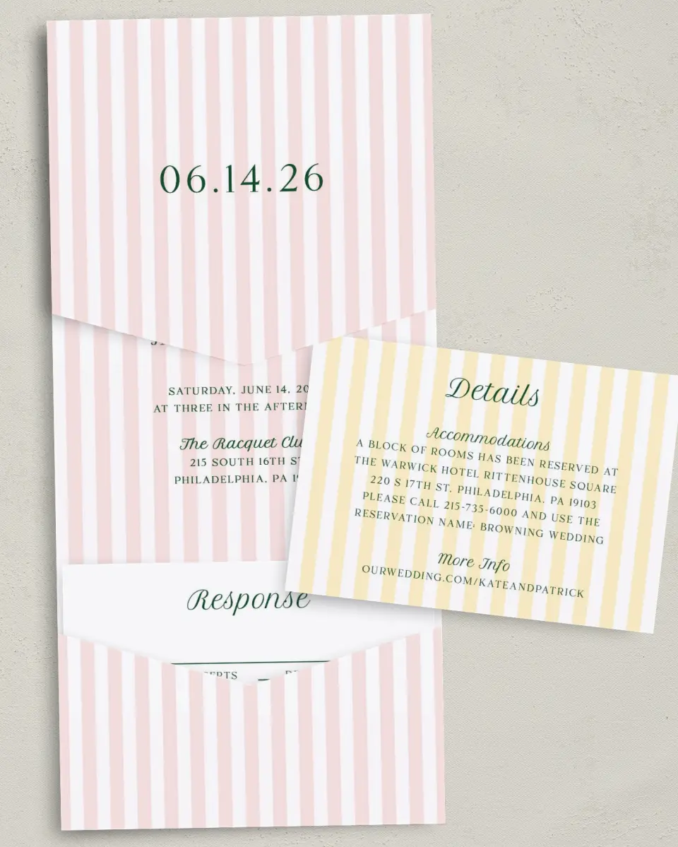 This is a 5¼" x 7¼" Folded Pocket Wedding Invitation called A Perfect Match printed in full color with Gold foil on Luxe Satin (coated) paper