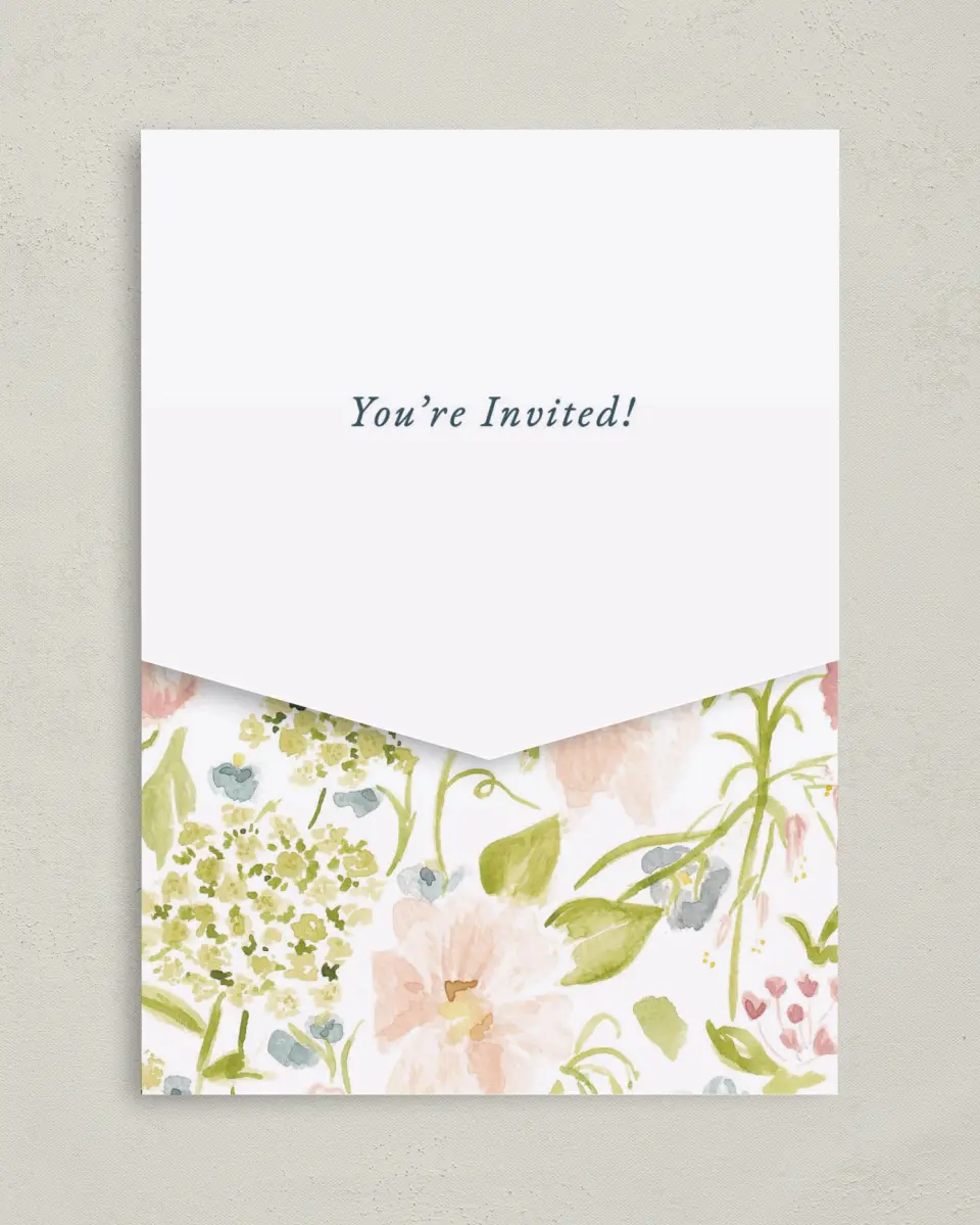 This is a 5¼" x 7¼" Folded Pocket Wedding Invitation called Garden of Vows printed in full color on Premium Smooth paper