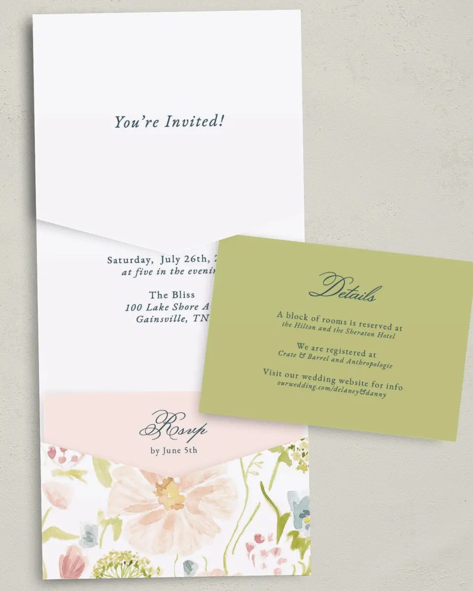 This is a 5¼" x 7¼" Folded Pocket Wedding Invitation called Garden of Vows printed in full color with Gold foil on Luxe Satin (coated) paper