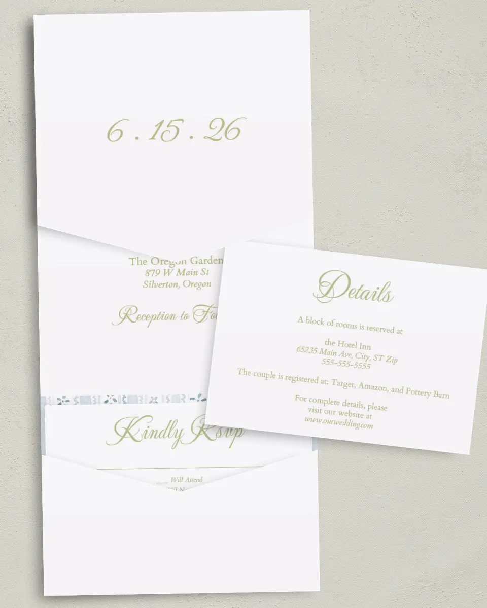 This is a 5¼" x 7¼" Folded Pocket Wedding Invitation called Southern Belle printed in full color with Gold foil on Luxe Satin (coated) paper