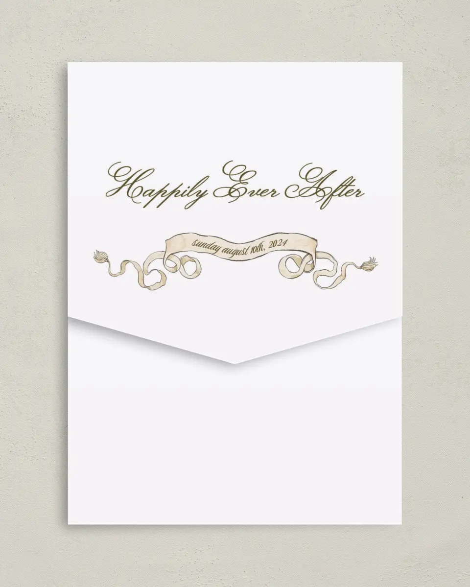 This is a 5¼" x 7¼" Folded Pocket Wedding Invitation called Ever After printed in full color on Premium Smooth paper