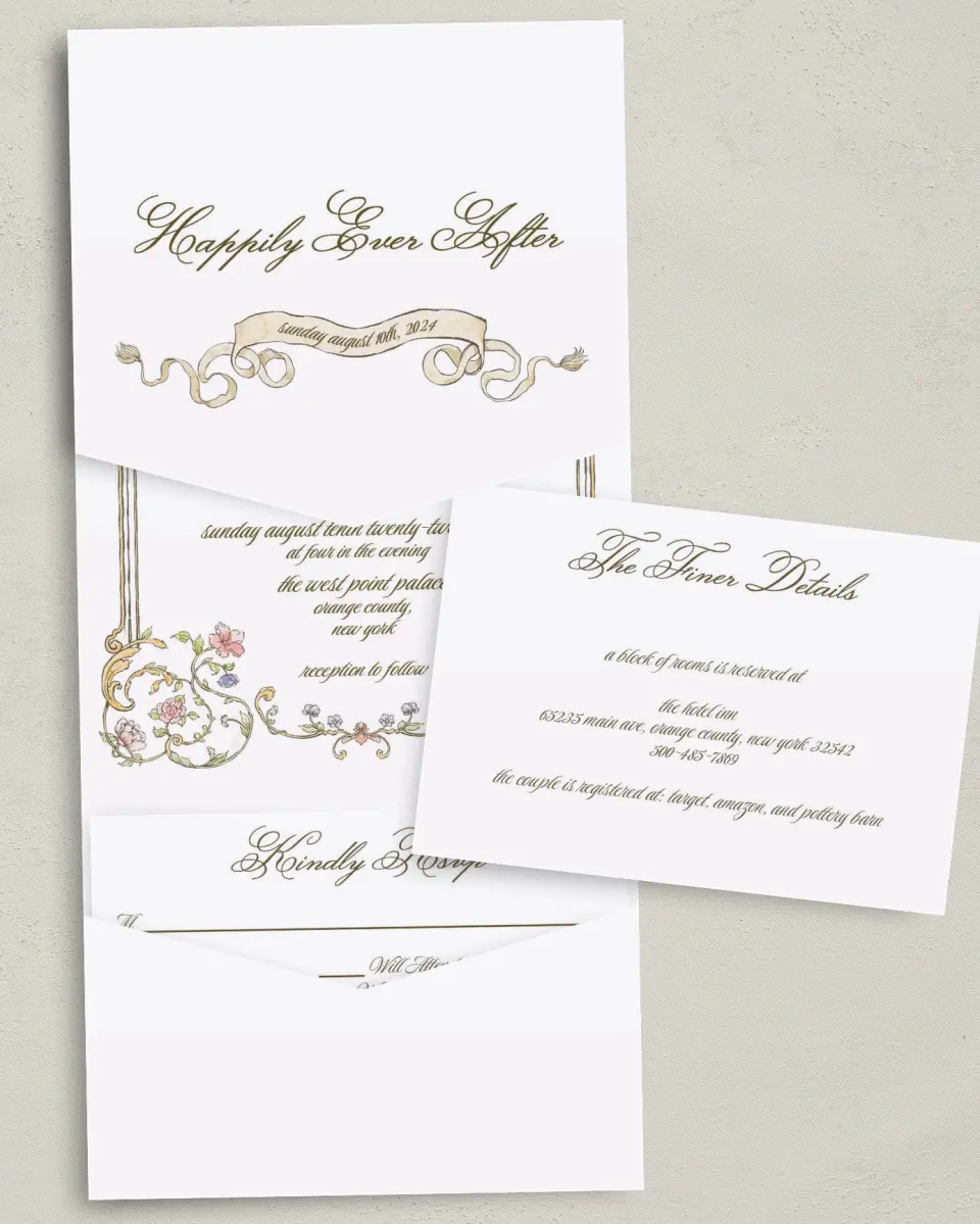 This is a 5¼" x 7¼" Folded Pocket Wedding Invitation called Ever After printed in full color with Gold foil on Luxe Satin (coated) paper
