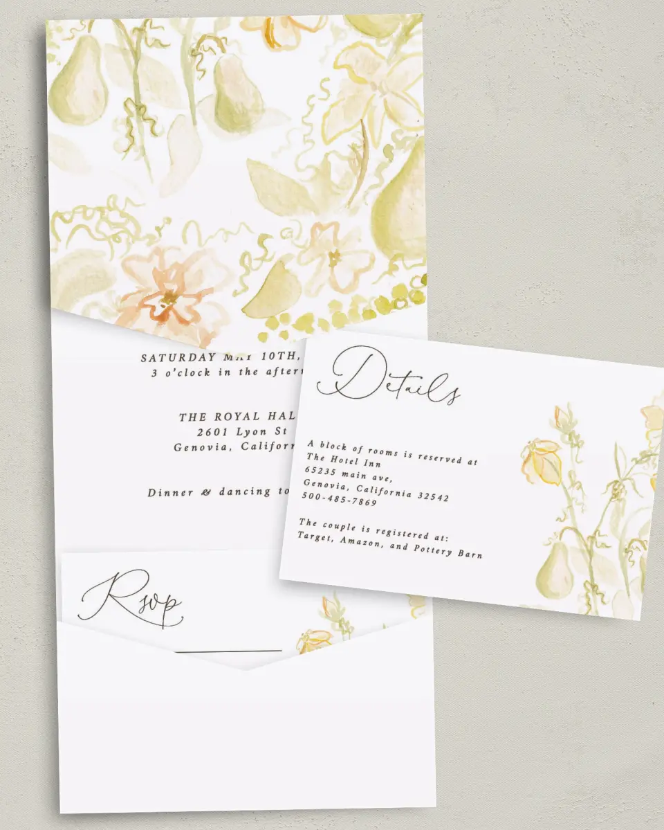 This is a 5¼" x 7¼" Folded Pocket Wedding Invitation called Royal Glory printed in full color with Gold foil on Luxe Satin (coated) paper