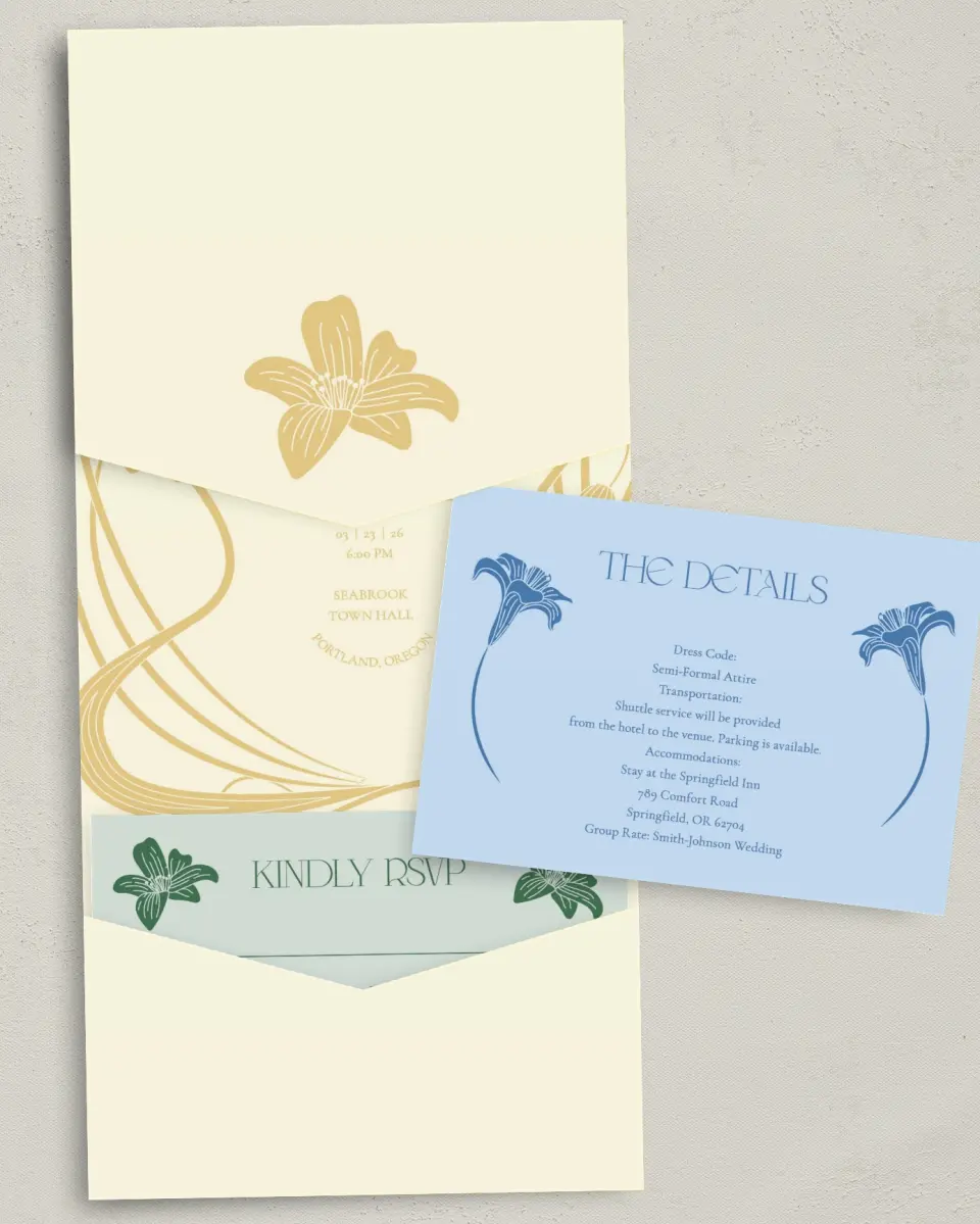 This is a 5¼" x 7¼" Folded Pocket Wedding Invitation called Water Lily printed in full color with Gold foil on Luxe Satin (coated) paper