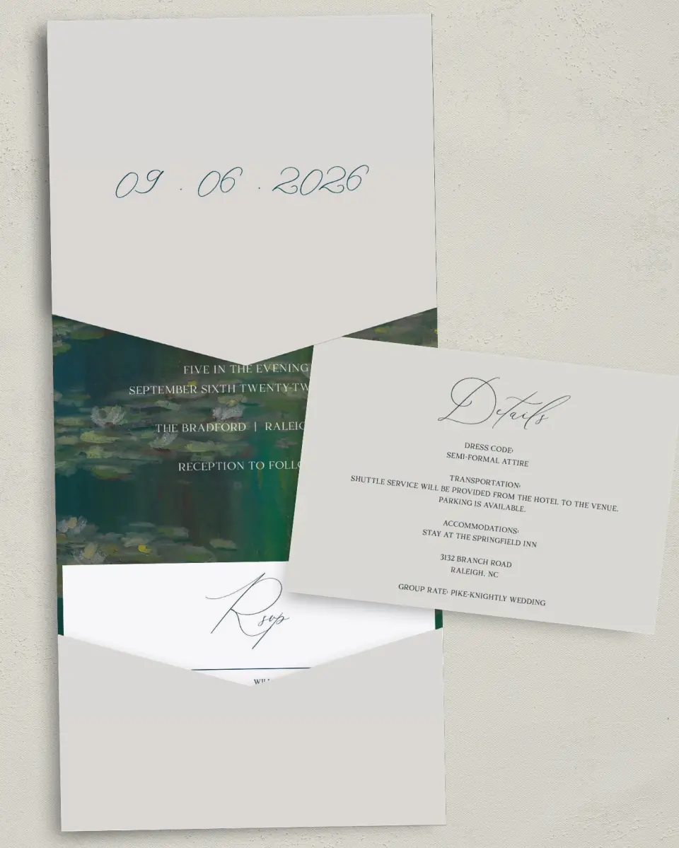 This is a 5¼" x 7¼" Folded Pocket Wedding Invitation called Bridge To Love printed in full color with Gold foil on Luxe Satin (coated) paper