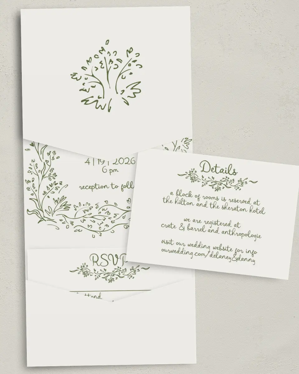 This is a 5¼" x 7¼" Folded Pocket Wedding Invitation called Sweet Woodland printed in full color with Gold foil on Luxe Satin (coated) paper