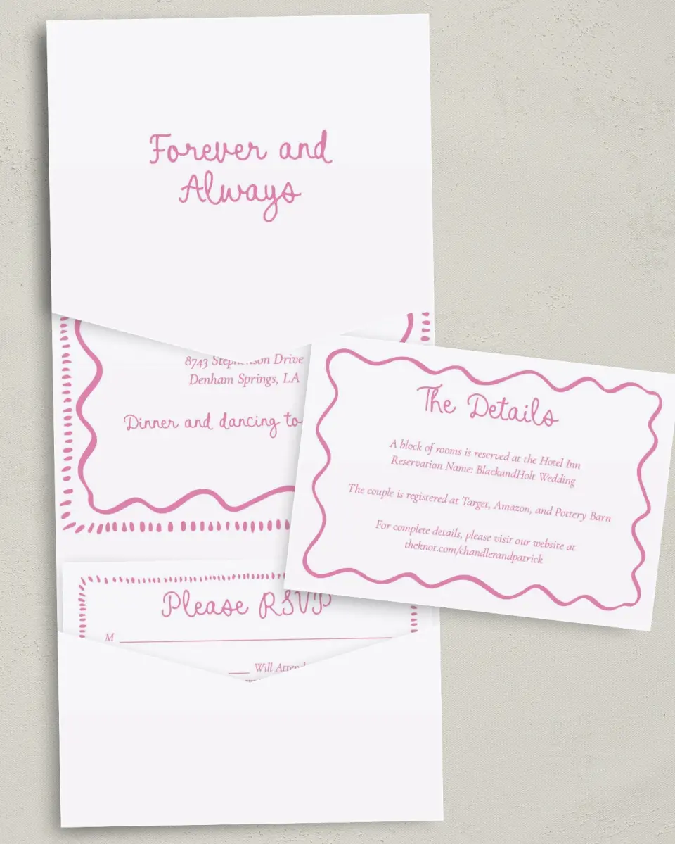 This is a 5¼" x 7¼" Folded Pocket Wedding Invitation called Swan Love printed in full color with Gold foil on Luxe Satin (coated) paper