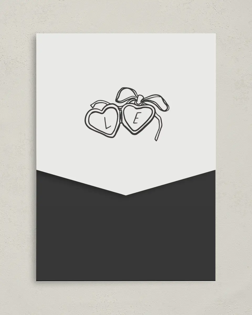 This is a 5¼" x 7¼" Folded Pocket Wedding Invitation called Locket of Love printed in full color on Premium Smooth paper