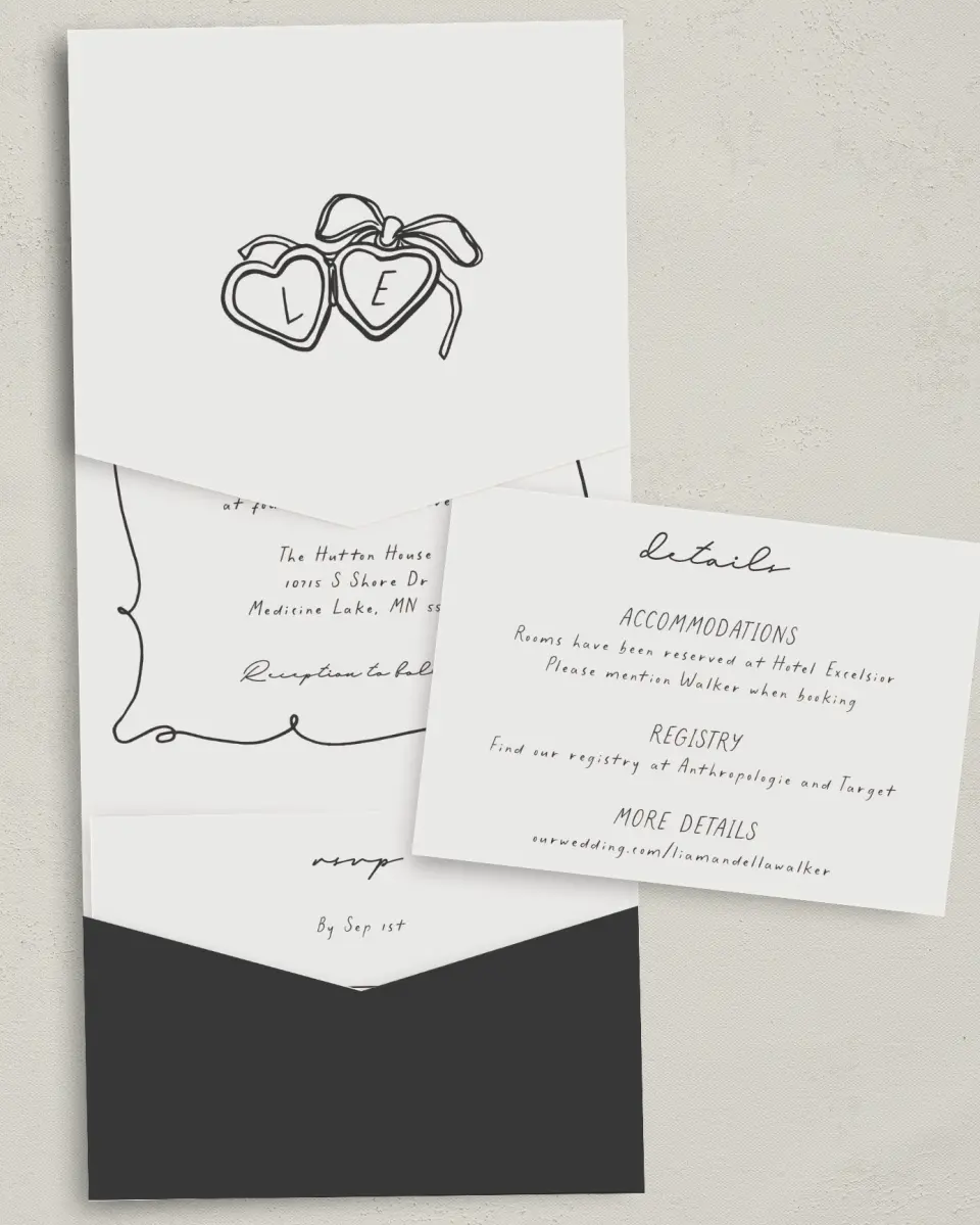 This is a 5¼" x 7¼" Folded Pocket Wedding Invitation called Locket of Love printed in full color with Gold foil on Luxe Satin (coated) paper