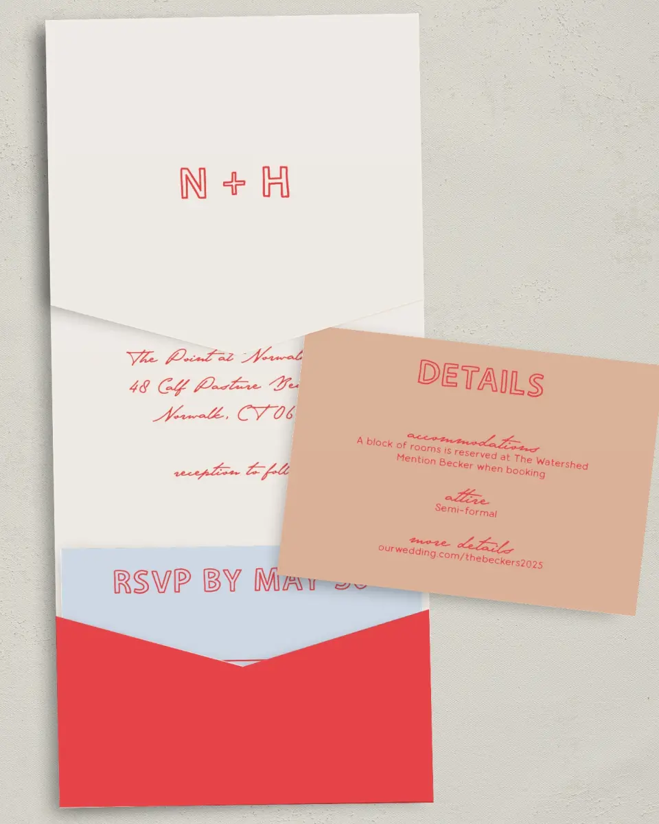 This is a 5¼" x 7¼" Folded Pocket Wedding Invitation called Bold & Bright printed in full color with Gold foil on Luxe Satin (coated) paper