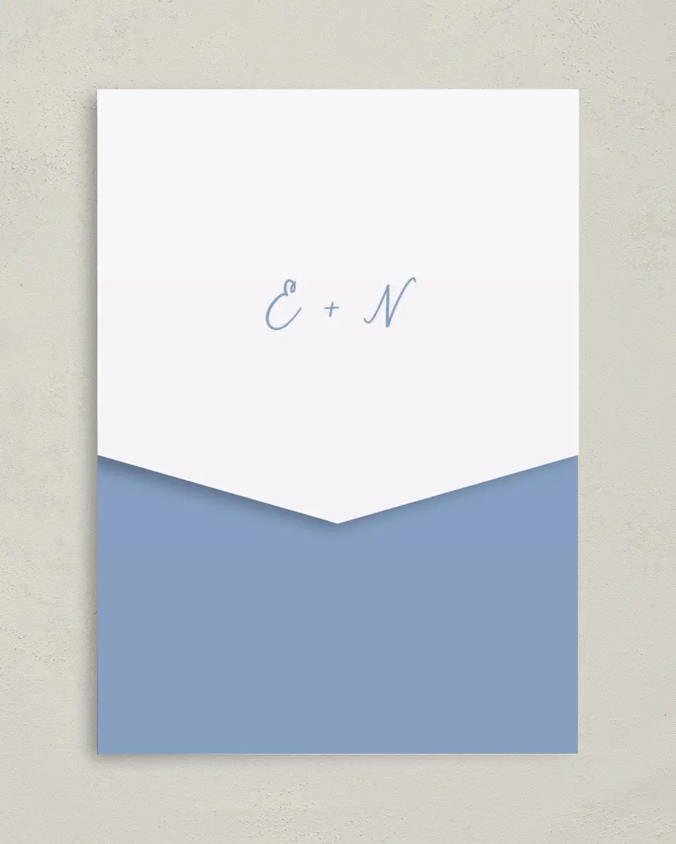 This is a 5¼" x 7¼" Folded Pocket Wedding Invitation called Wave of Love printed in full color on Premium Smooth paper