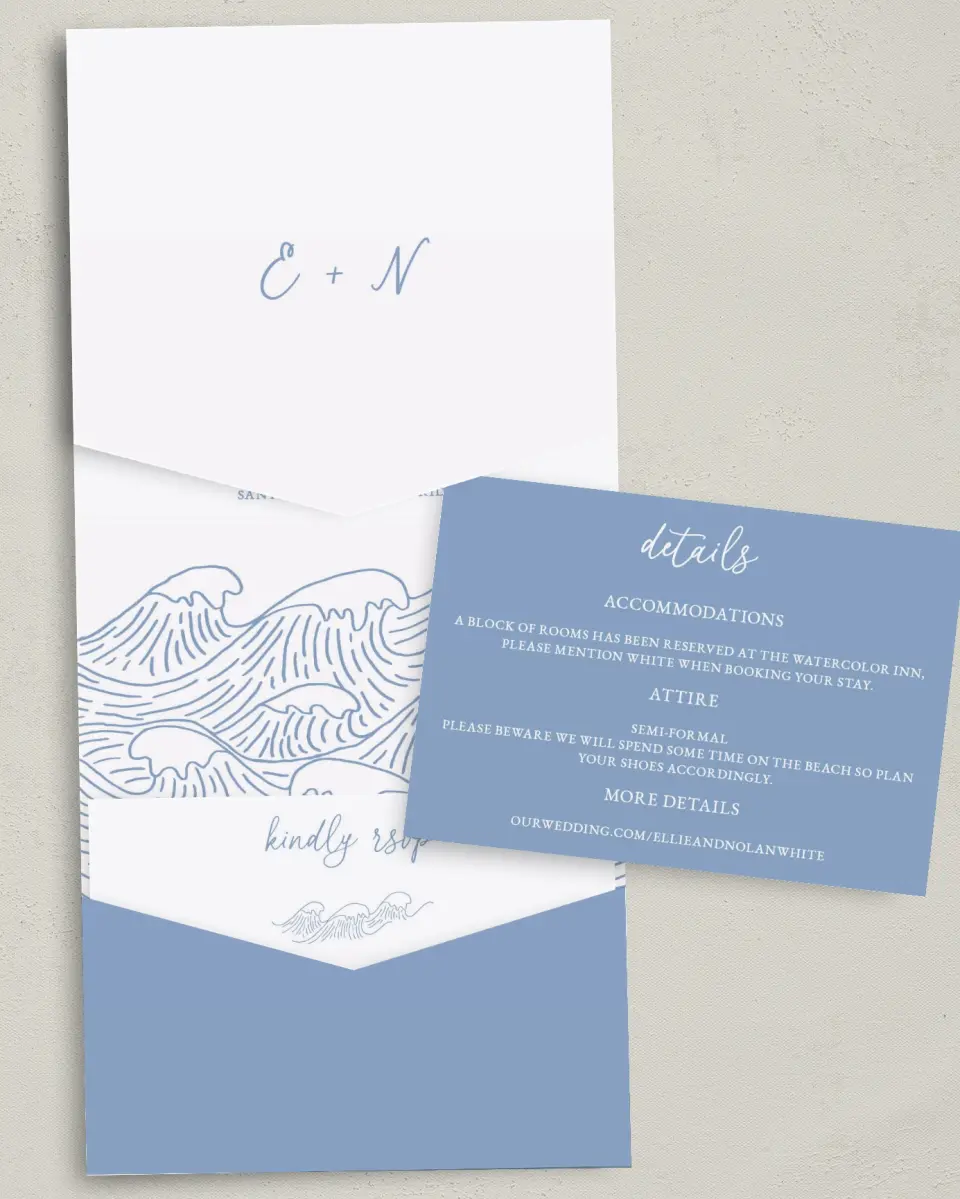 This is a 5¼" x 7¼" Folded Pocket Wedding Invitation called Wave of Love printed in full color with Gold foil on Luxe Satin (coated) paper