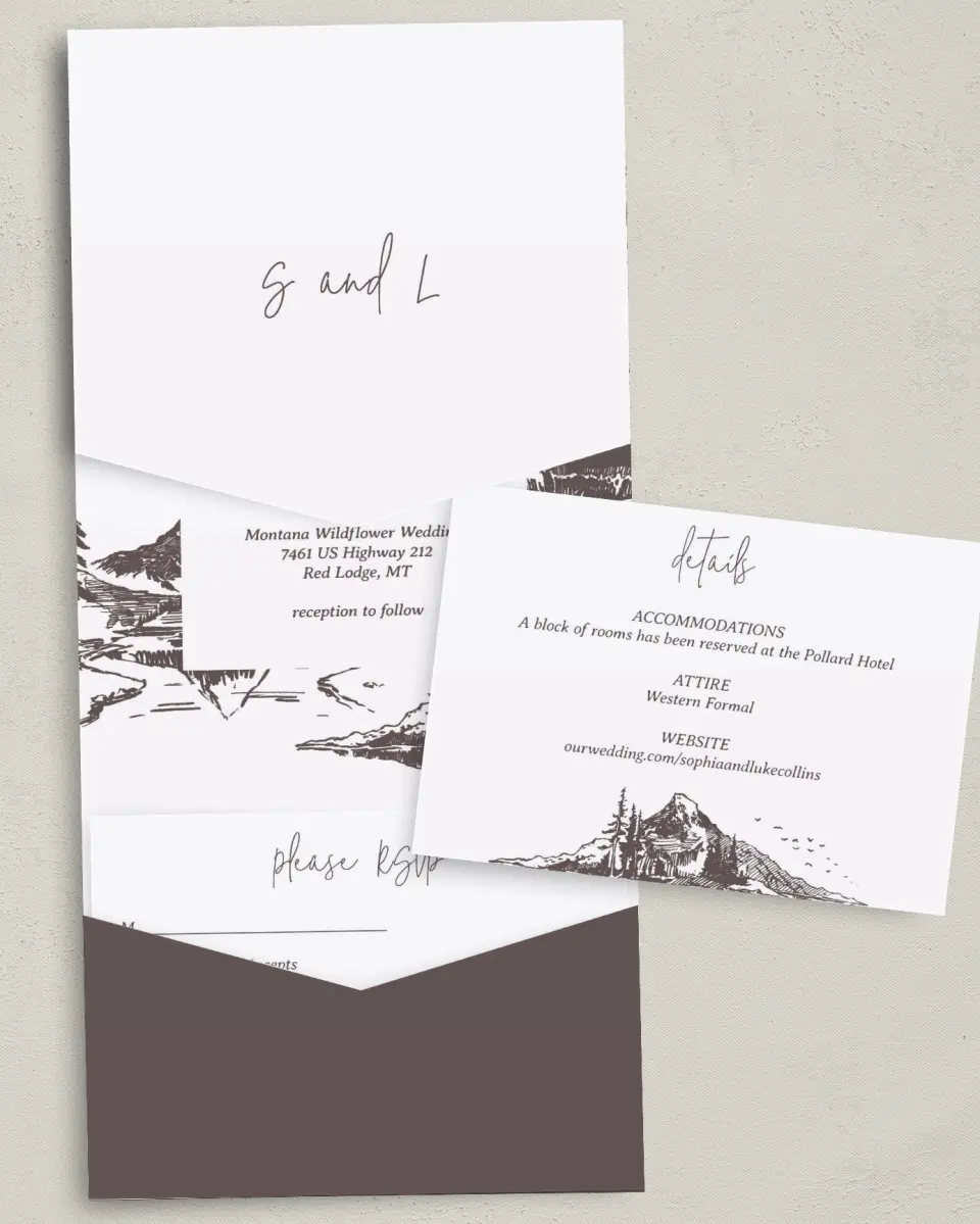 This is a 5¼" x 7¼" Folded Pocket Wedding Invitation called Mountain Bliss printed in full color with Gold foil on Luxe Satin (coated) paper
