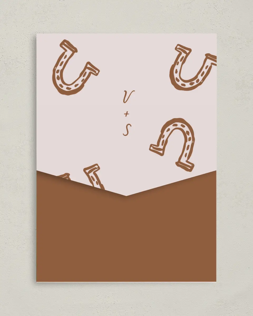 This is a 5¼" x 7¼" Folded Pocket Wedding Invitation called Western Whimsy printed in full color on Premium Smooth paper