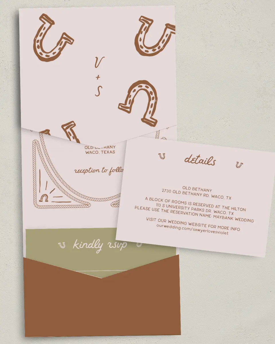This is a 5¼" x 7¼" Folded Pocket Wedding Invitation called Western Whimsy printed in full color with Gold foil on Luxe Satin (coated) paper