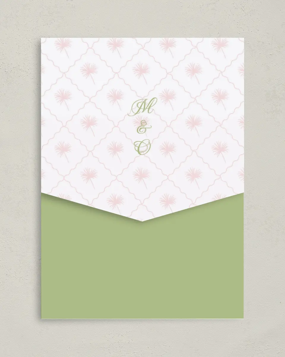 This is a 5¼" x 7¼" Folded Pocket Wedding Invitation called Palm Paradise printed in full color on Premium Smooth paper