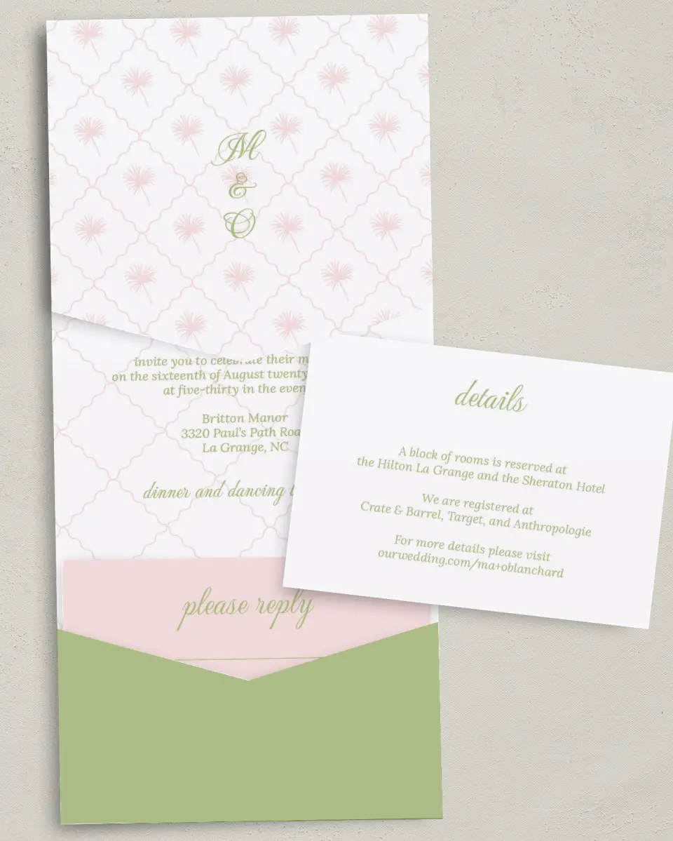 This is a 5¼" x 7¼" Folded Pocket Wedding Invitation called Palm Paradise printed in full color with Gold foil on Luxe Satin (coated) paper