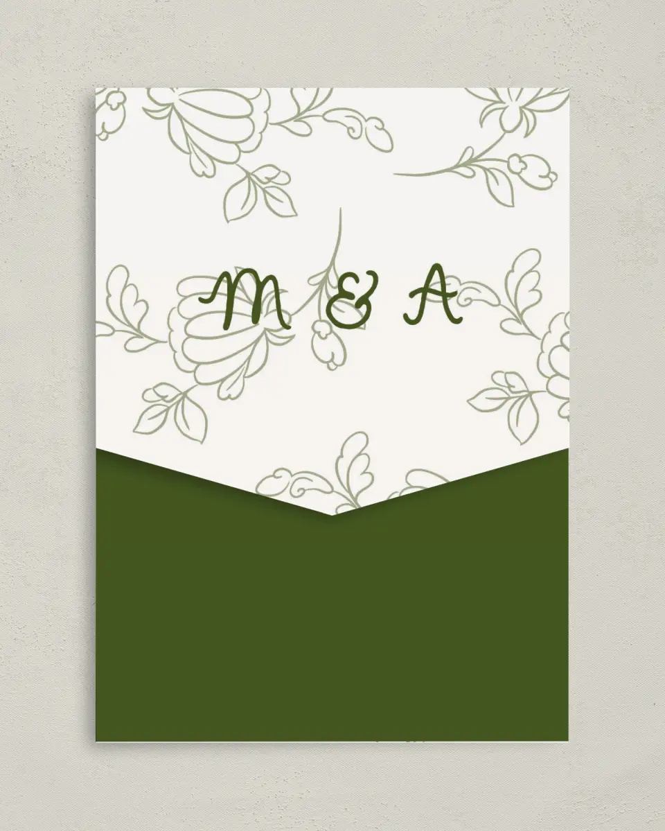 This is a 5¼" x 7¼" Folded Pocket Wedding Invitation called Evergreen Elegance printed in full color on Premium Smooth paper