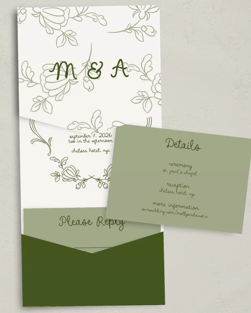 This is a 5¼" x 7¼" Folded Pocket Wedding Invitation called Evergreen Elegance printed in full color with Gold foil on Luxe Satin (coated) paper