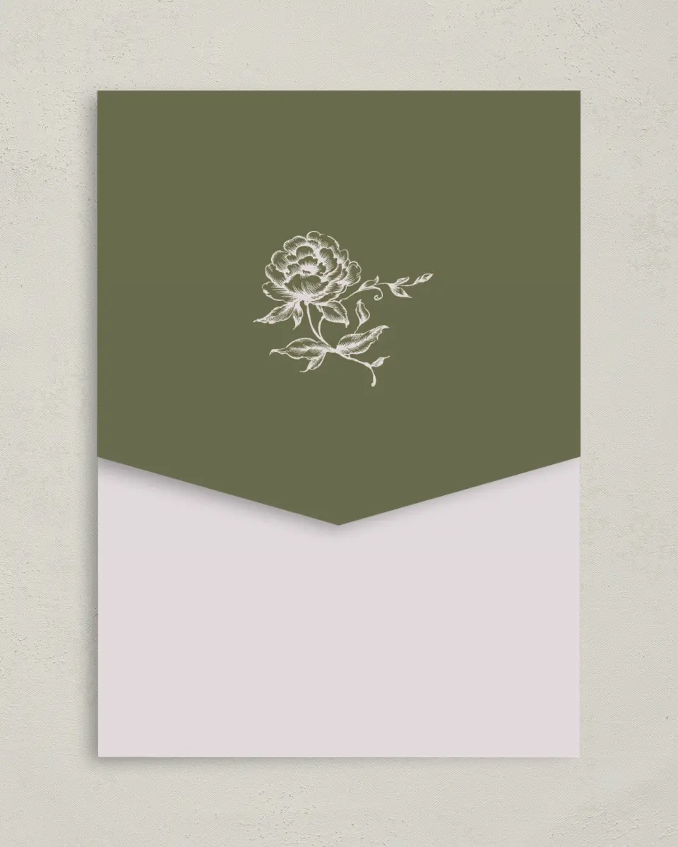 This is a 5¼" x 7¼" Folded Pocket Wedding Invitation called Meadow of Merriment printed in full color on Premium Smooth paper