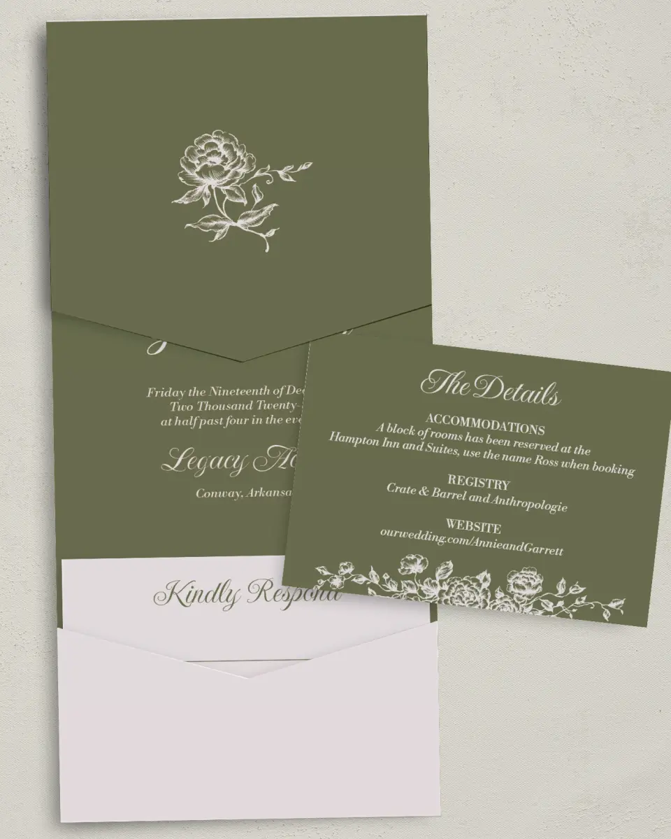 This is a 5¼" x 7¼" Folded Pocket Wedding Invitation called Meadow of Merriment printed in full color with Gold foil on Luxe Satin (coated) paper