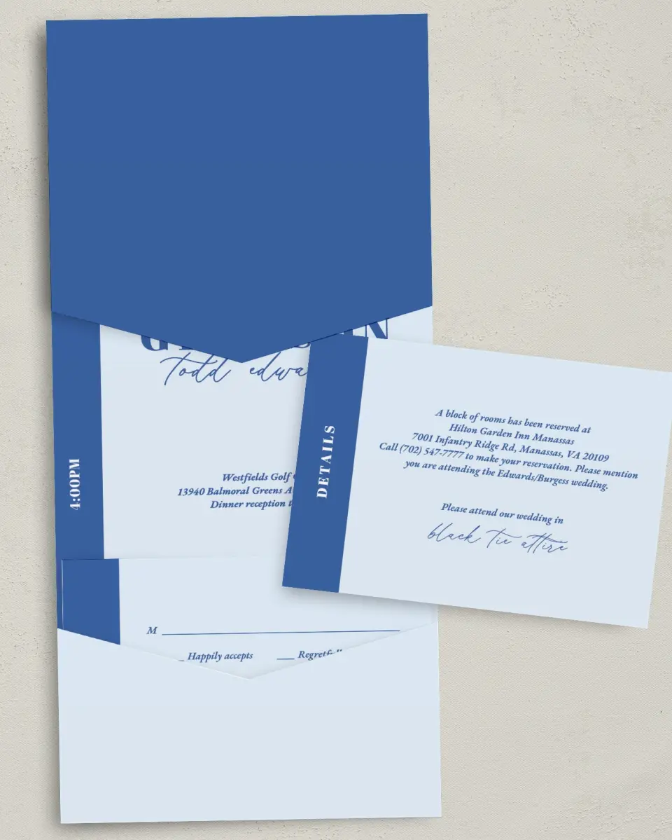 This is a 5¼" x 7¼" Folded Pocket Wedding Invitation called Forever and Ever printed in full color with Gold foil on Luxe Satin (coated) paper