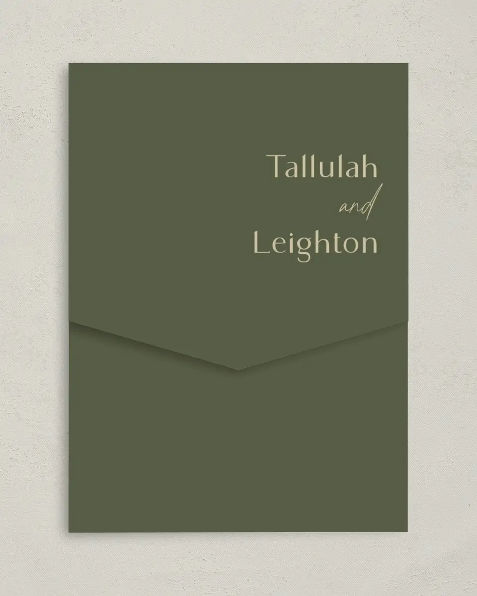 This is a 5¼" x 7¼" Folded Pocket Wedding Invitation called Idyllic Love printed in full color on Premium Smooth paper