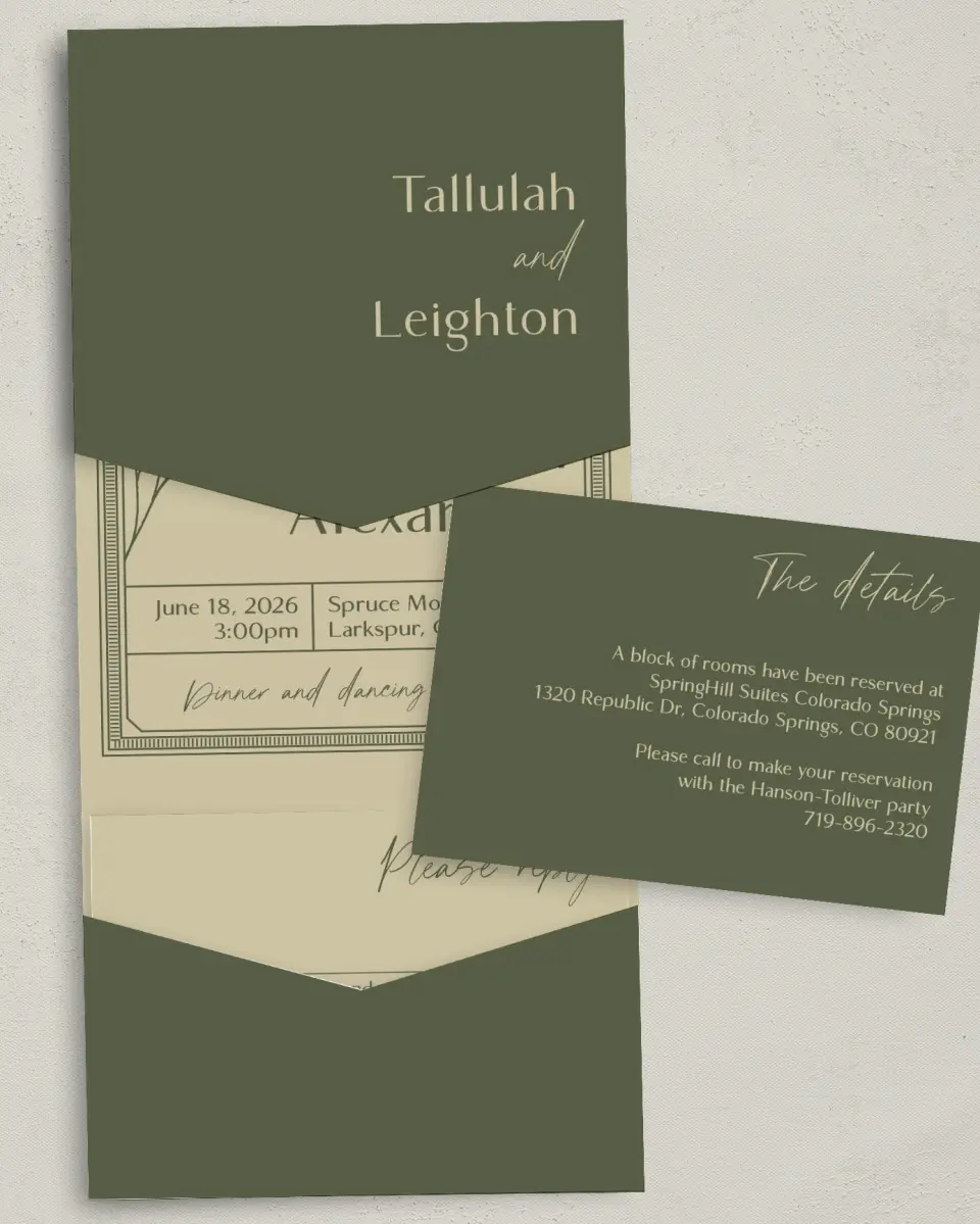 This is a 5¼" x 7¼" Folded Pocket Wedding Invitation called Idyllic Love printed in full color with Gold foil on Luxe Satin (coated) paper