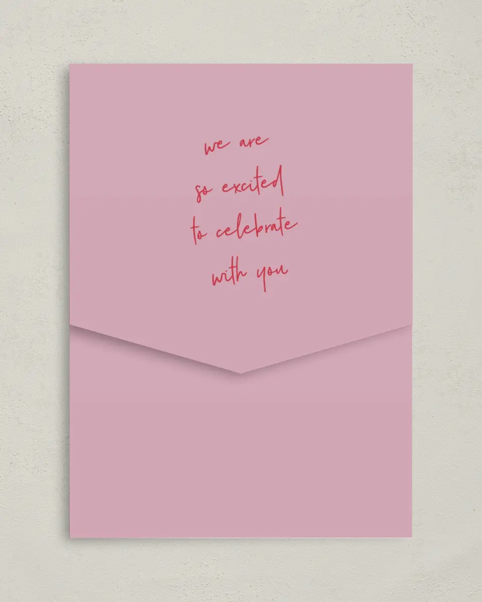 This is a 5¼" x 7¼" Folded Pocket Wedding Invitation called Lovey-Dovey printed in full color on Premium Smooth paper