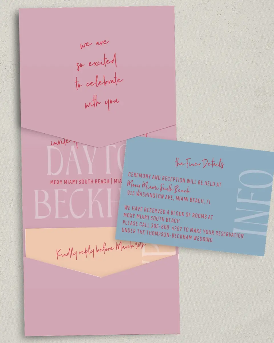 This is a 5¼" x 7¼" Folded Pocket Wedding Invitation called Lovey-Dovey printed in full color on Premium Smooth paper