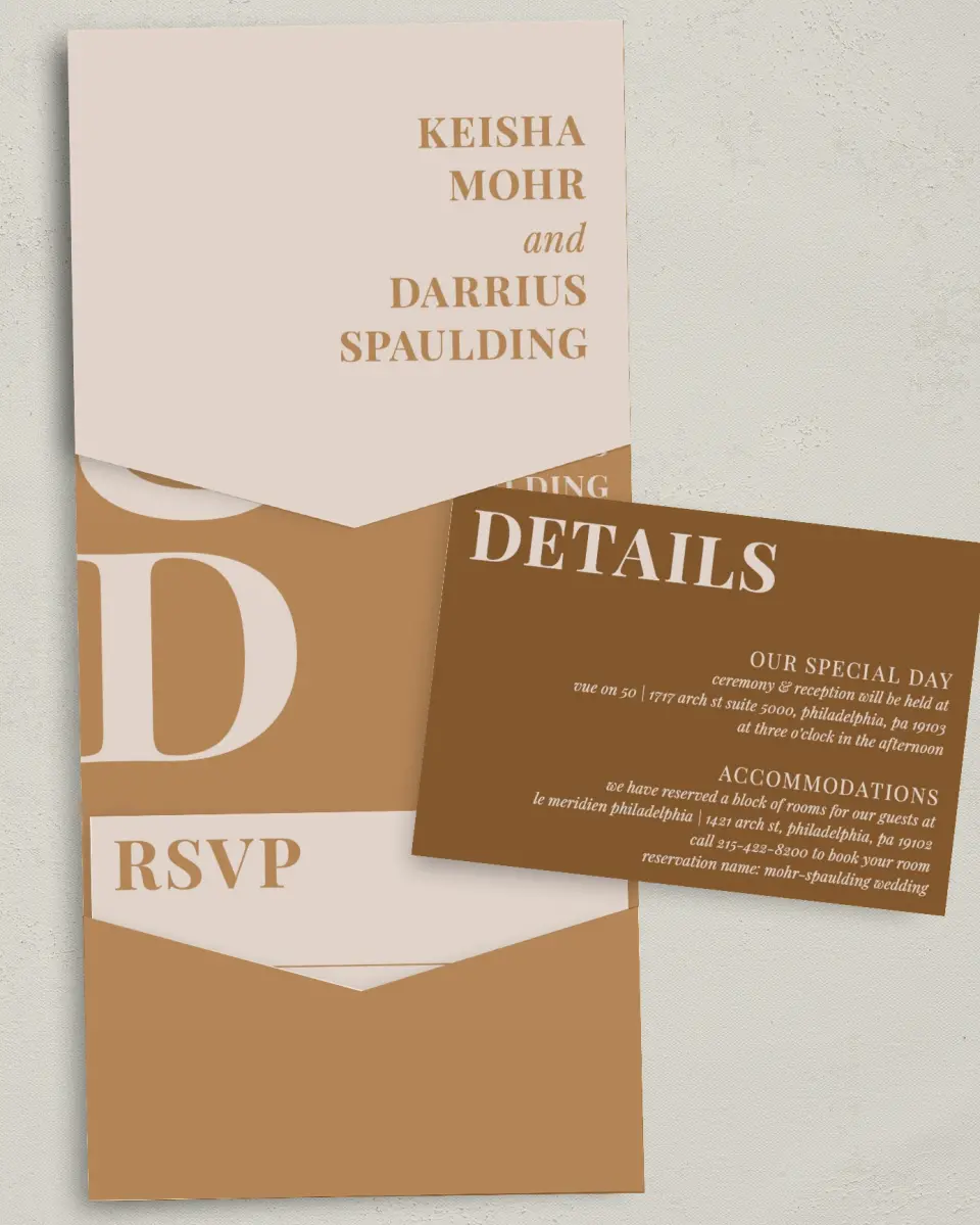 This is a 5¼" x 7¼" Folded Pocket Wedding Invitation called Bold Romance printed in full color on Premium Smooth paper