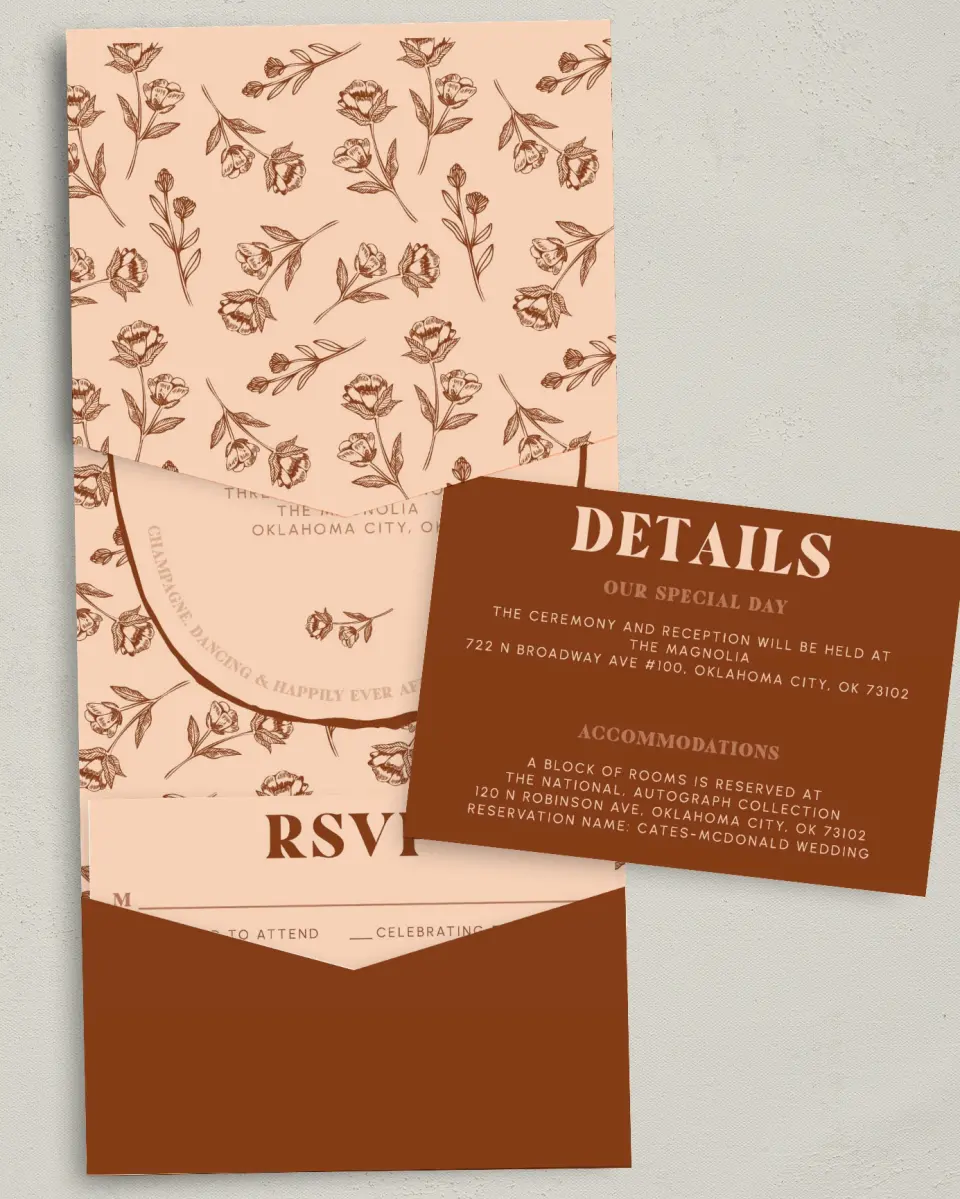 This is a 5¼" x 7¼" Folded Pocket Wedding Invitation called Agrestal printed in full color with Gold foil on Luxe Satin (coated) paper
