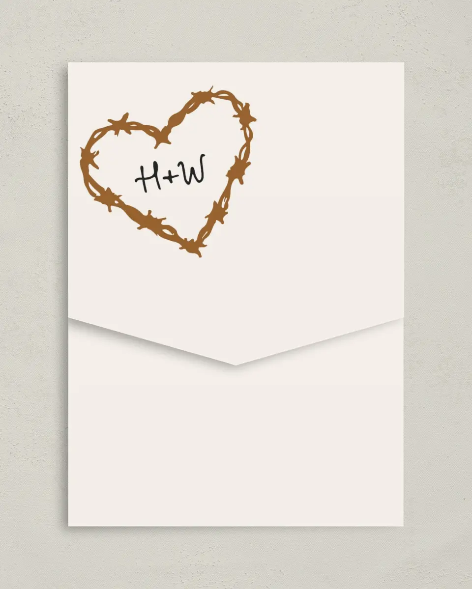 This is a 5¼" x 7¼" Folded Pocket Wedding Invitation called Head Over Boots printed in full color on Premium Smooth paper