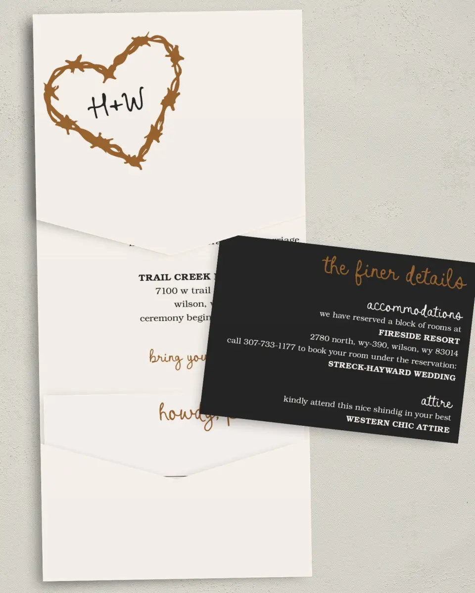 This is a 5¼" x 7¼" Folded Pocket Wedding Invitation called Head Over Boots printed in full color with Gold foil on Luxe Satin (coated) paper