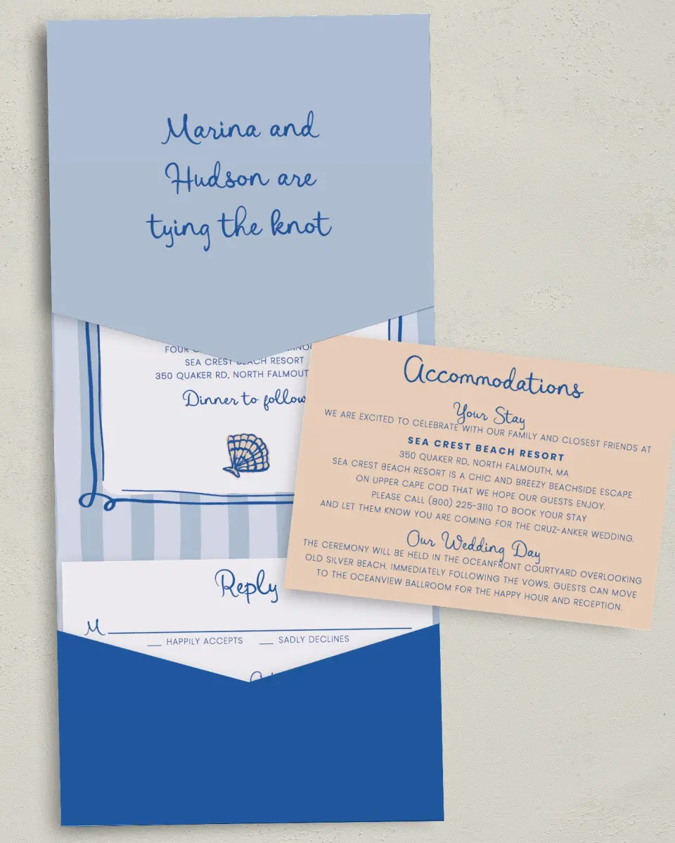 This is a 5¼" x 7¼" Folded Pocket Wedding Invitation called Abyssal Love printed in full color with Gold foil on Luxe Satin (coated) paper