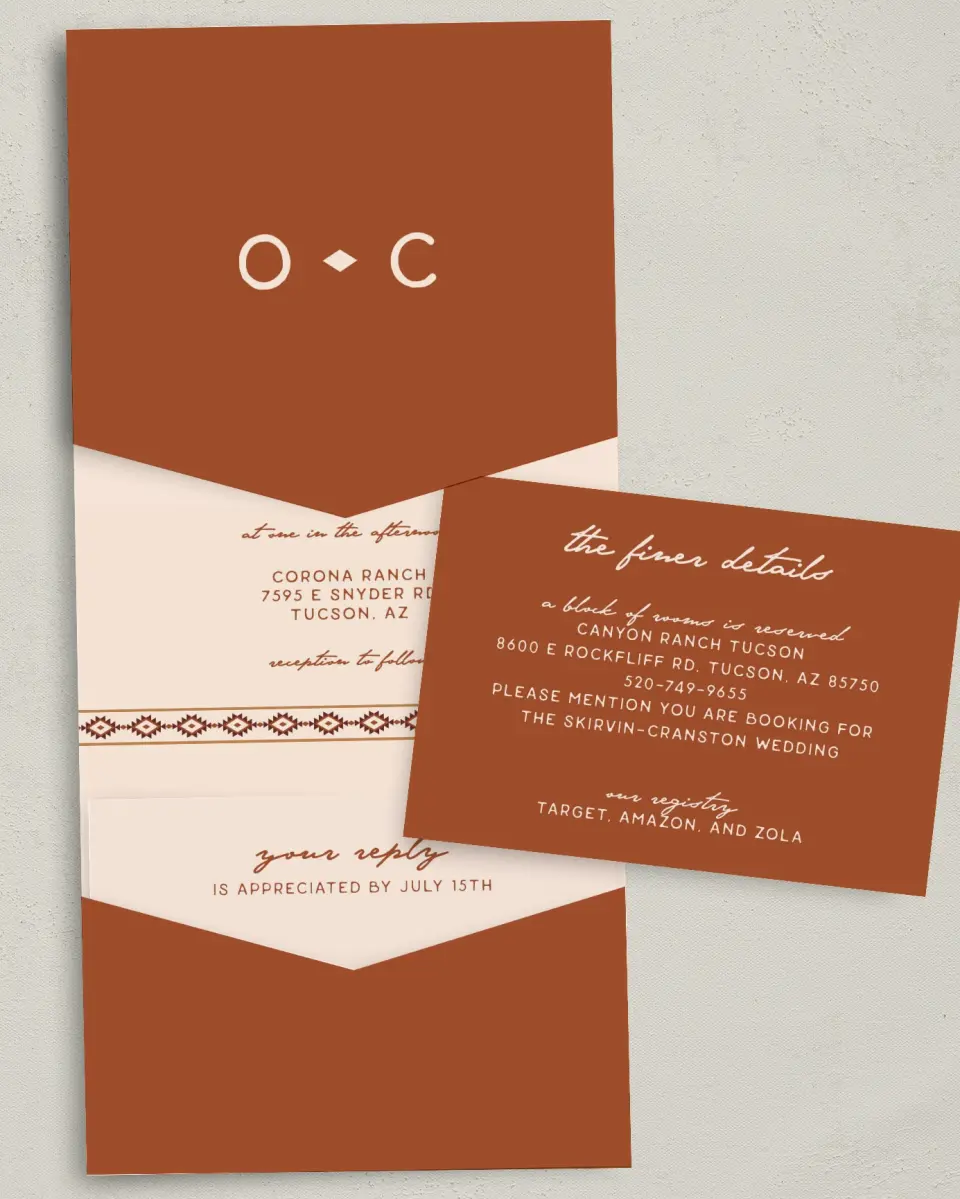 This is a 5¼" x 7¼" Folded Pocket Wedding Invitation called Wild at Heart printed in full color with Gold foil on Luxe Satin (coated) paper