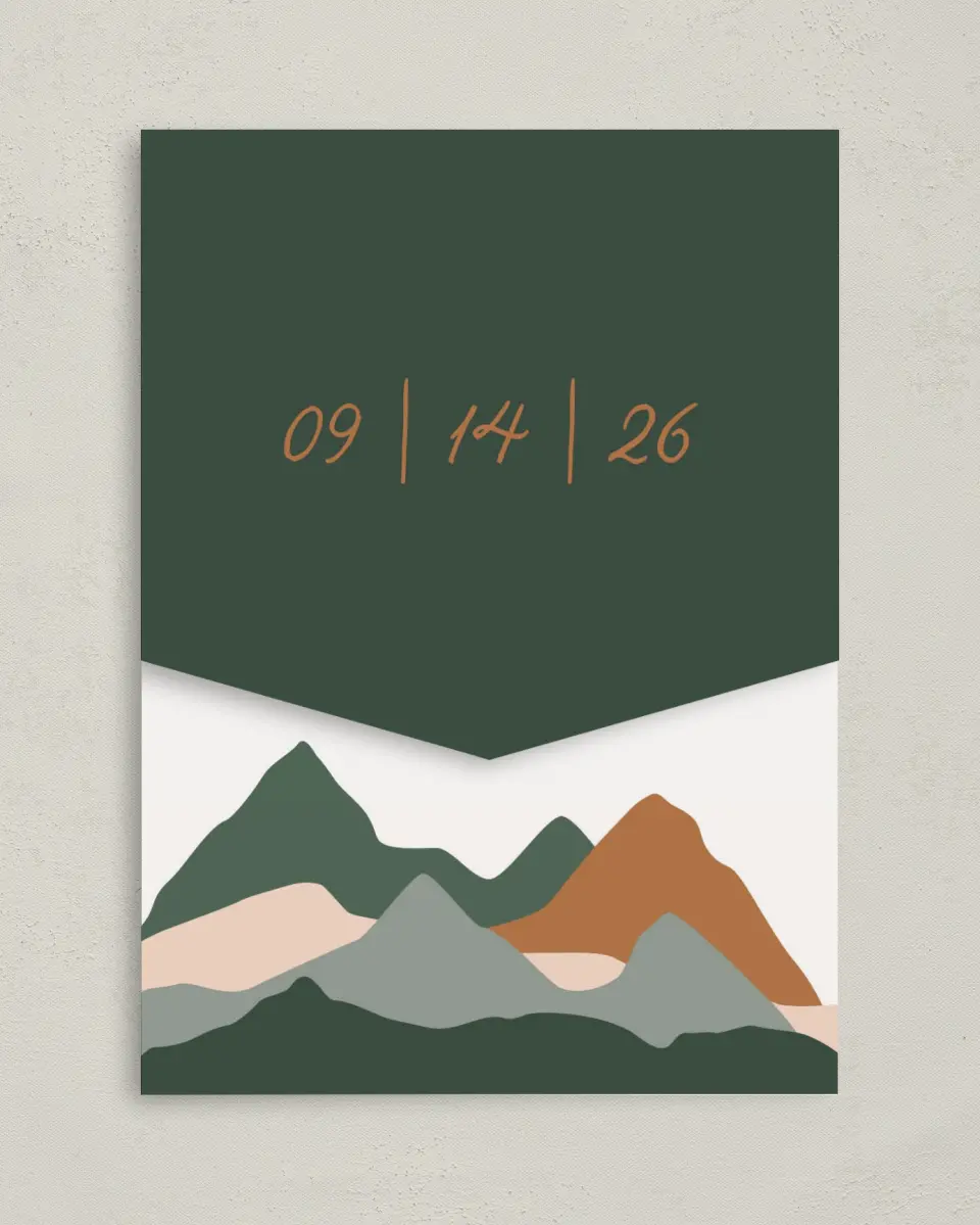 This is a 5¼" x 7¼" Folded Pocket Wedding Invitation called Elevated Adventures printed in full color on Premium Smooth paper