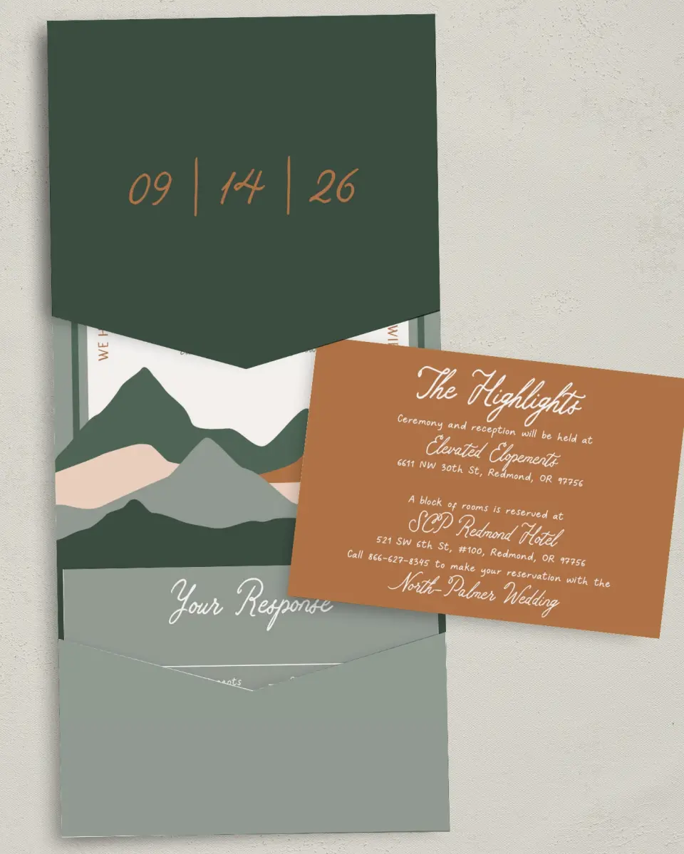 This is a 5¼" x 7¼" Folded Pocket Wedding Invitation called Elevated Adventures printed in full color with Gold foil on Luxe Satin (coated) paper