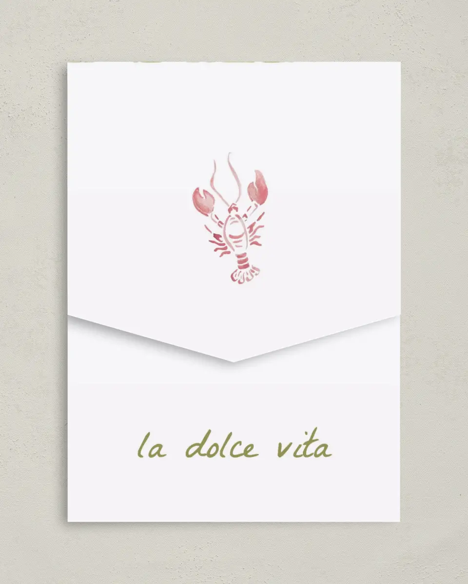 This is a 5¼" x 7¼" Folded Pocket Wedding Invitation called Positano Daydream printed in full color on Premium Smooth paper