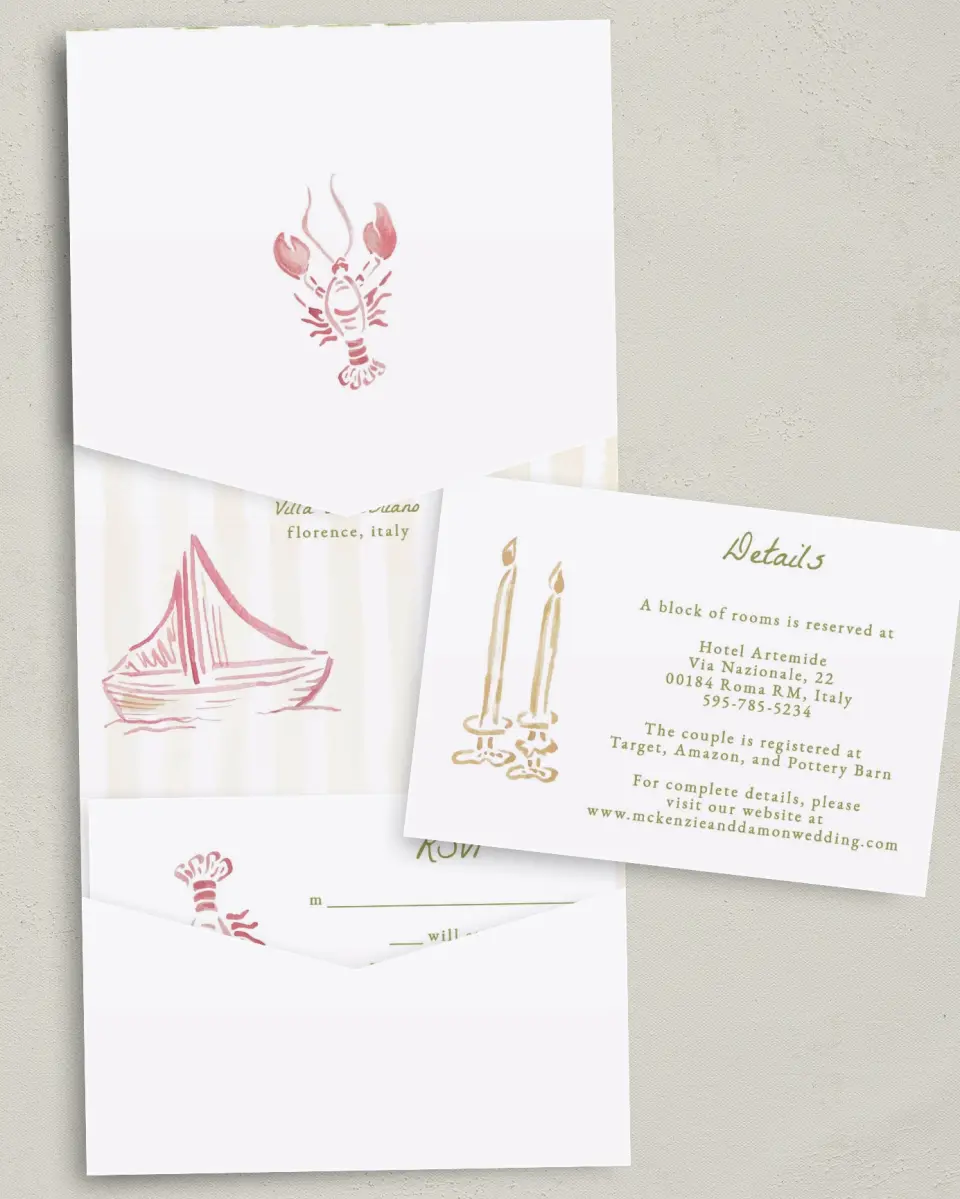 This is a 5¼" x 7¼" Folded Pocket Wedding Invitation called Positano Daydream printed in full color on Premium Smooth paper