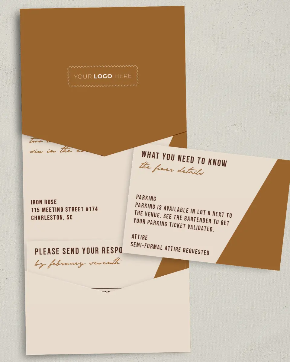 This is a 5¼" x 7¼" Folded Pocket Gala Invitation called Urban Essence printed in full color with Silver foil on Luxe Satin (coated) paper