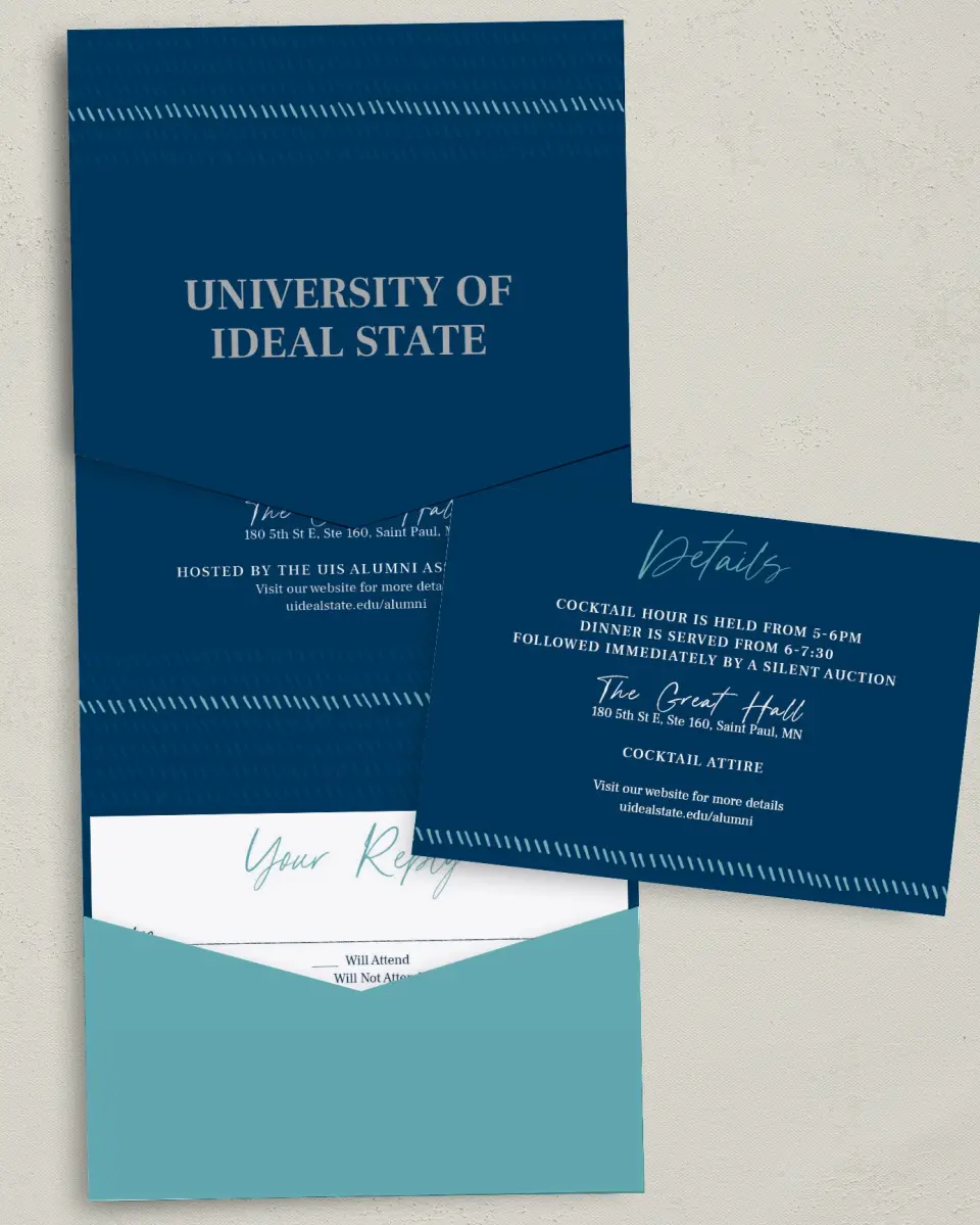 This is a 5¼" x 7¼" Folded Pocket Gala Invitation called Spirited Academics printed in full color with Silver foil on Luxe Satin (coated) paper